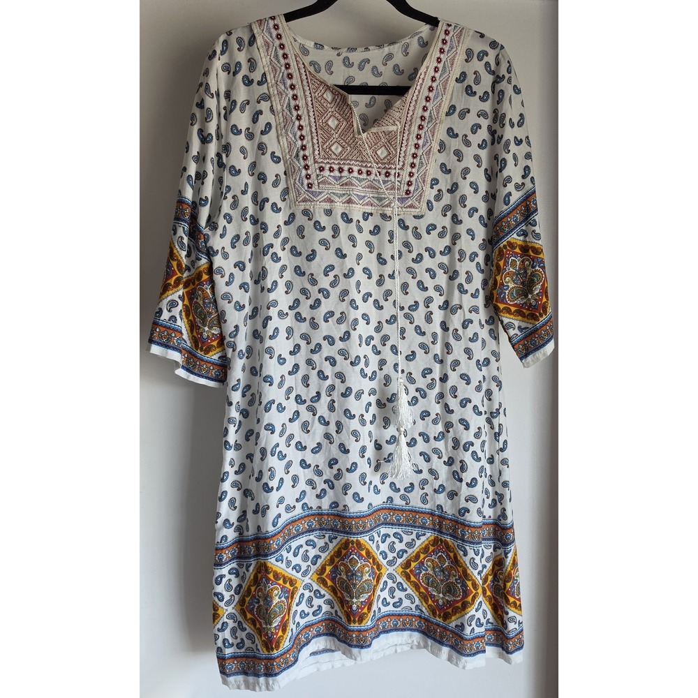 Women's Paisley Tunic Boho Collared 3/4 Sleeve White Blue Red Yellow Blouse Top